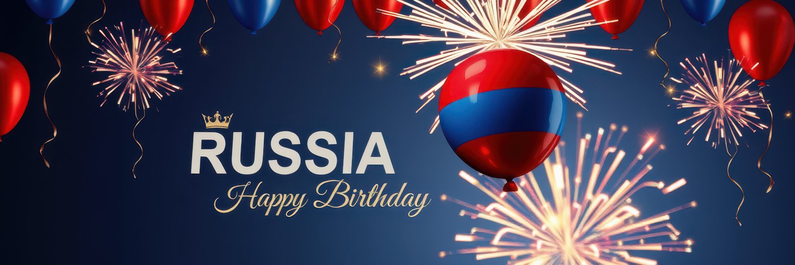 Celebration with balloons and fireworks for Russia's birthday featuring red and blue decorations